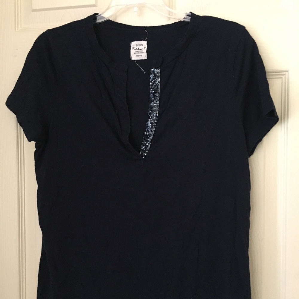 J Crew Heirloom Navy Blue Tee Sequins Small